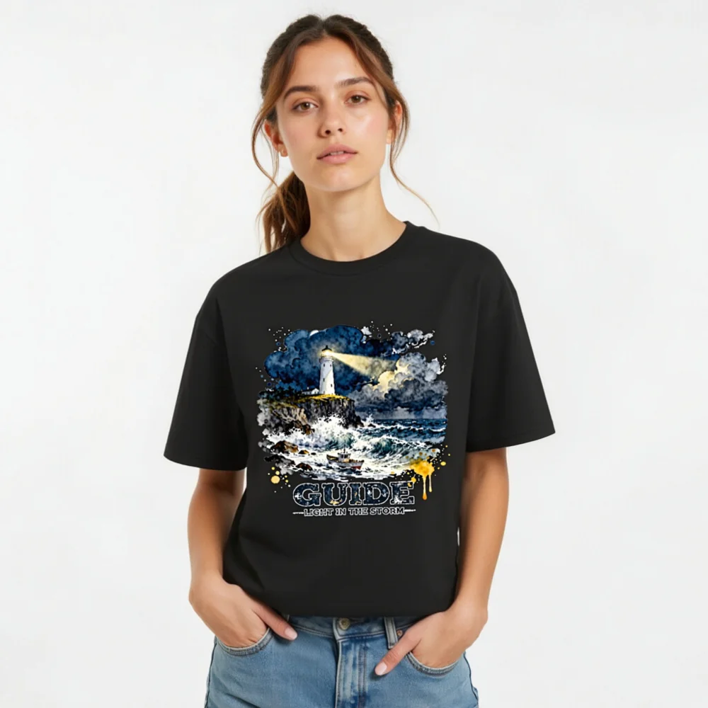 Unisex Organic Cotton T-Shirt – Lighthouse 'Guide: Light in the Storm' Graphic Tee - Image 8