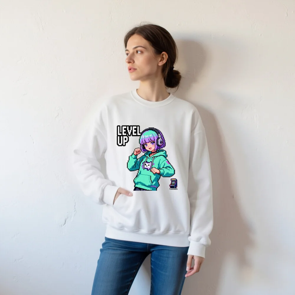 Level Up Pixel Gamer Sweatshirt - Unisex Crew Neck Hoodie - Image 7