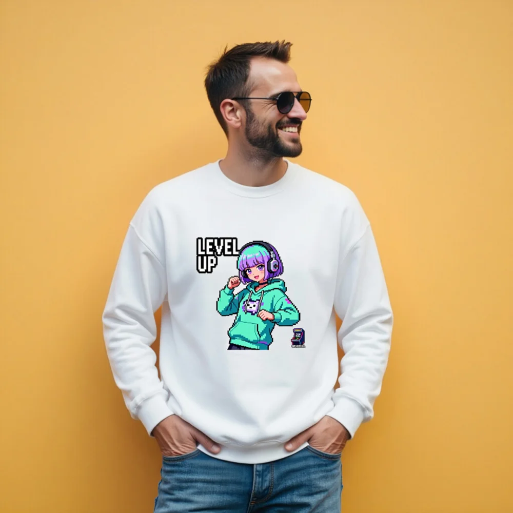 Level Up Pixel Gamer Sweatshirt - Unisex Crew Neck Hoodie - Image 11