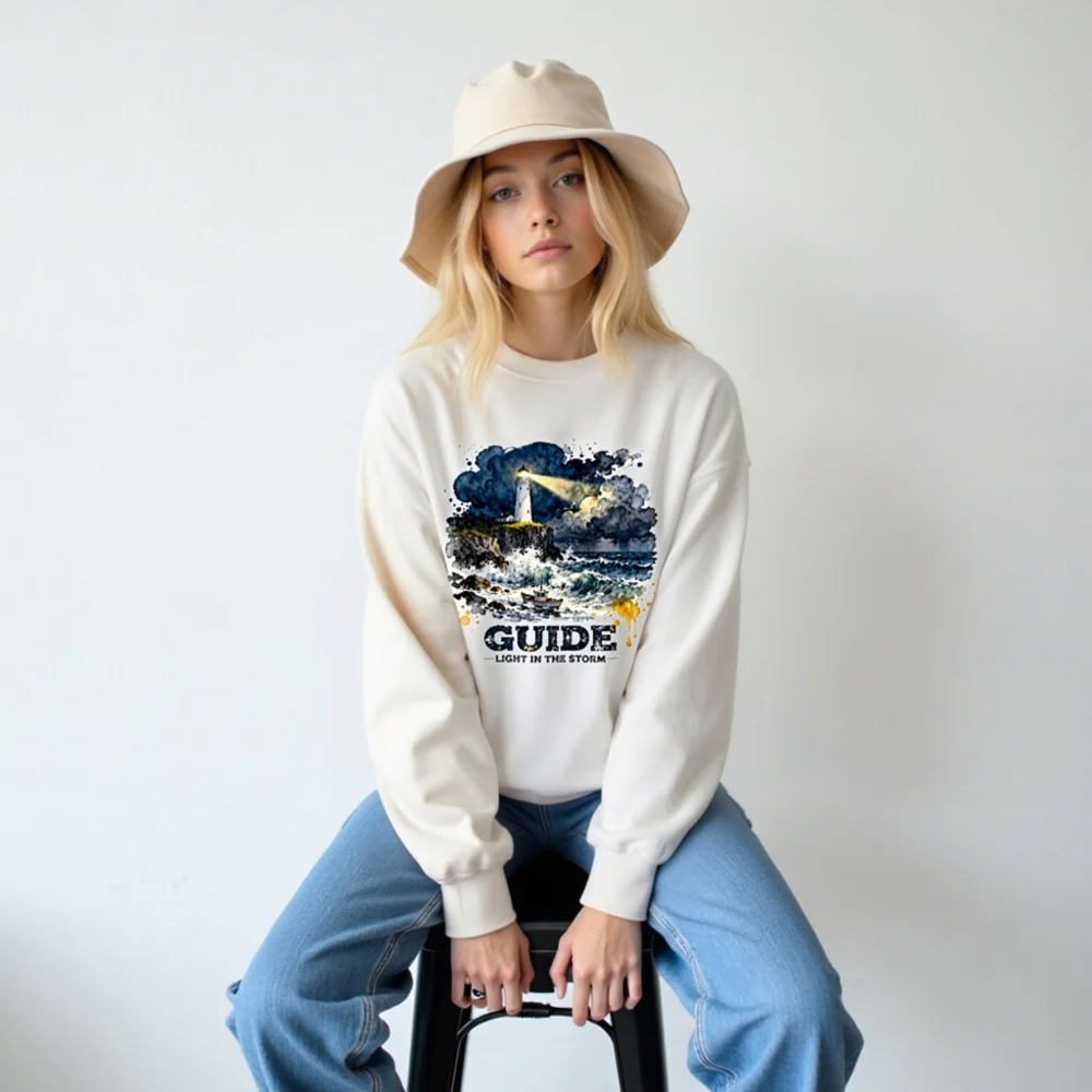 Unisex Crew Neck Sweatshirt – Guide Light in the Storm Graphic Pullover - Image 6