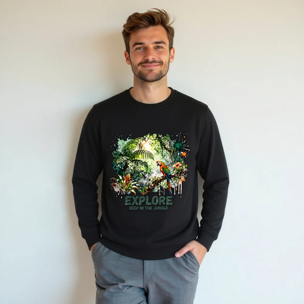 Organic Cotton Sweatshirt for Men & Women – Jungle Parrot Print - Image 7