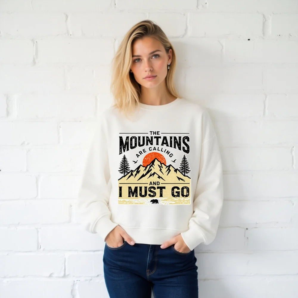 Organic Cotton Sweatshirt for Men & Women – 'The Mountains Are Calling' Graphic Pullover - Image 2