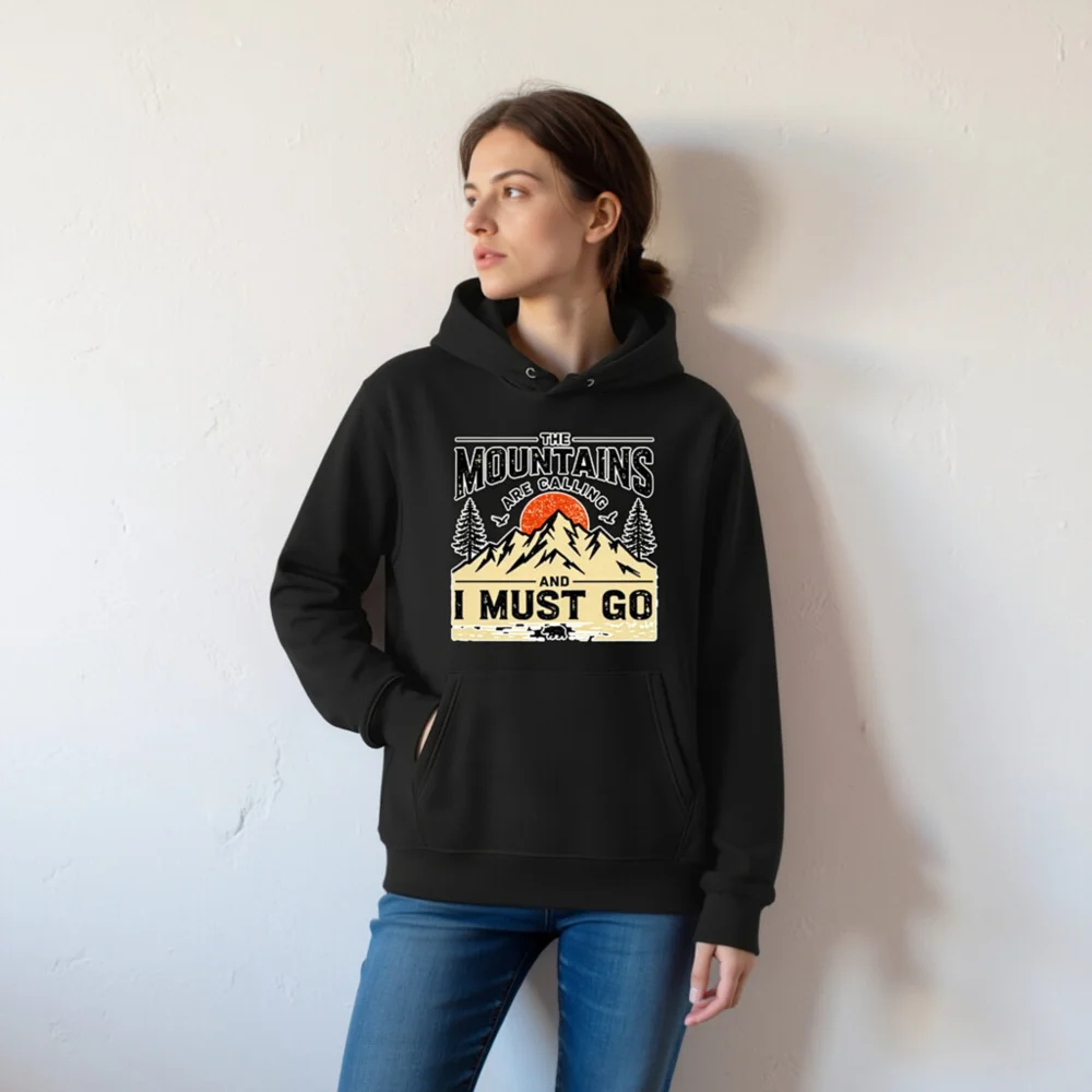 Unisex Eco Hoodie – 'The Mountains Are Calling' Outdoor Graphic Sweatshirt - Image 6