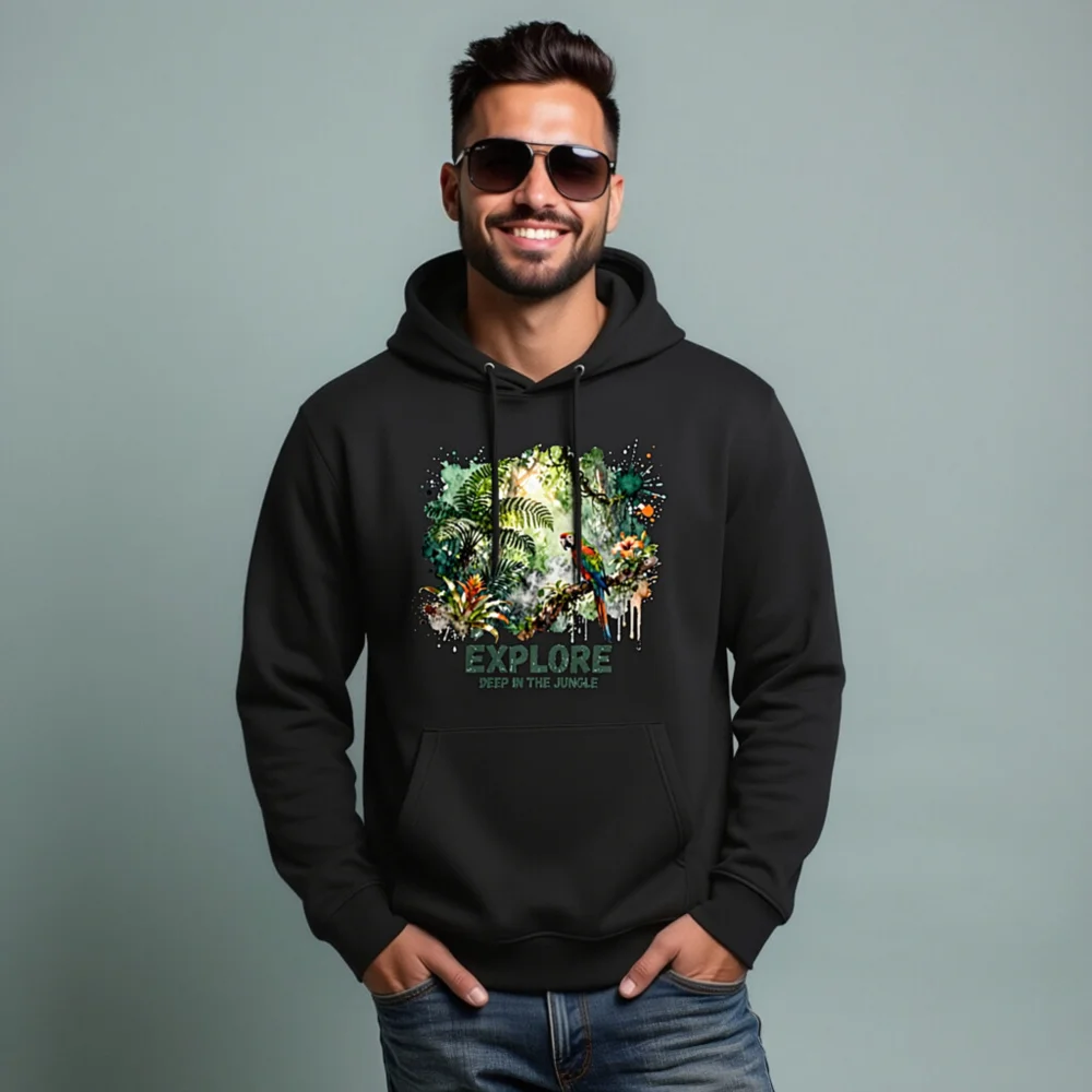 Eco Hoodie for Men & Women – Jungle Explorer Graphic Pullover - Image 7