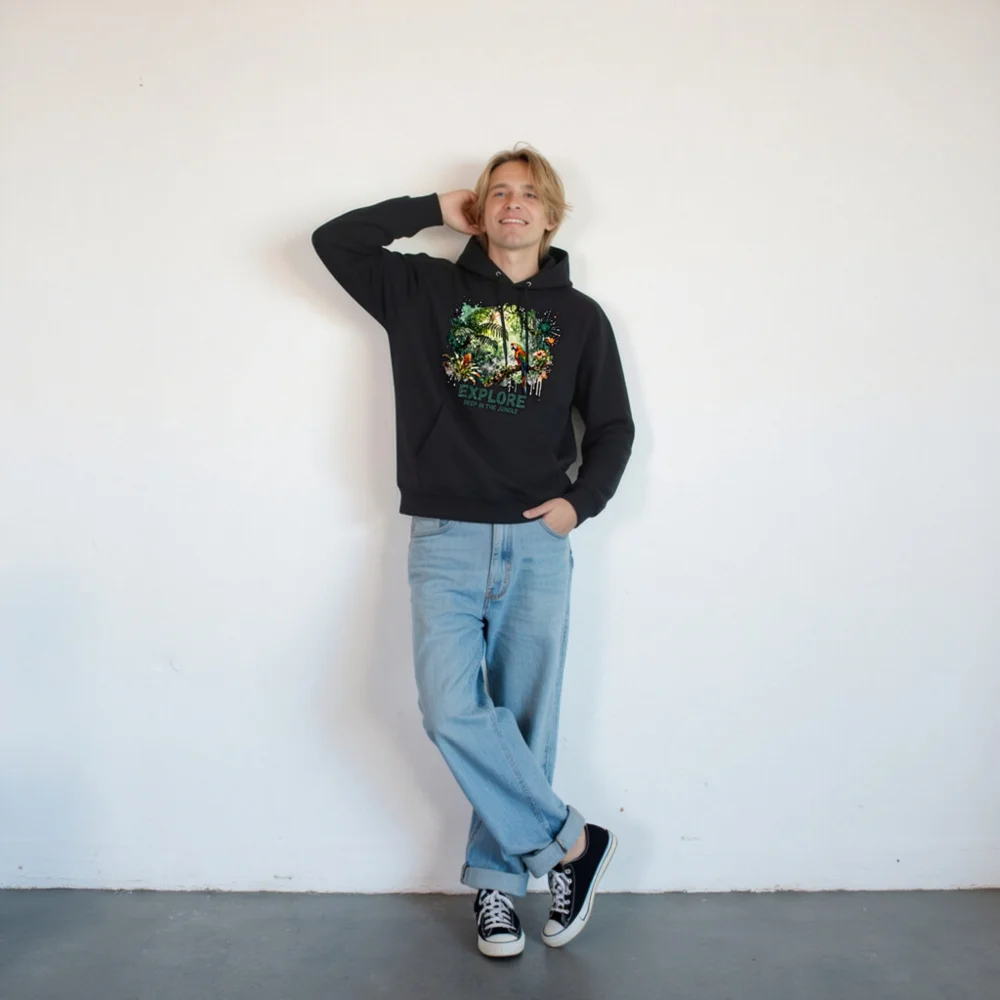Eco Hoodie for Men & Women – Jungle Explorer Graphic Pullover - Image 10