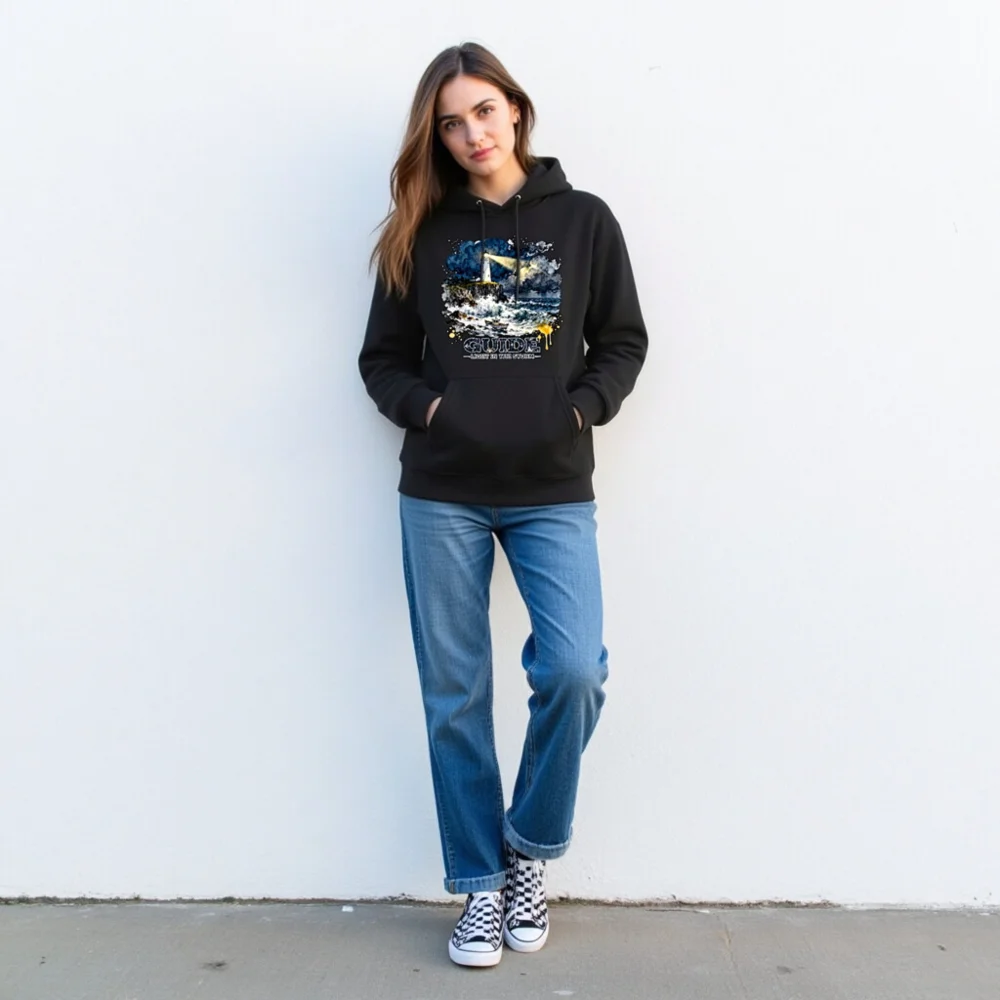 Unisex Eco Hoodie – Lighthouse 'Guide: Light in the Storm' Art Print - Image 3