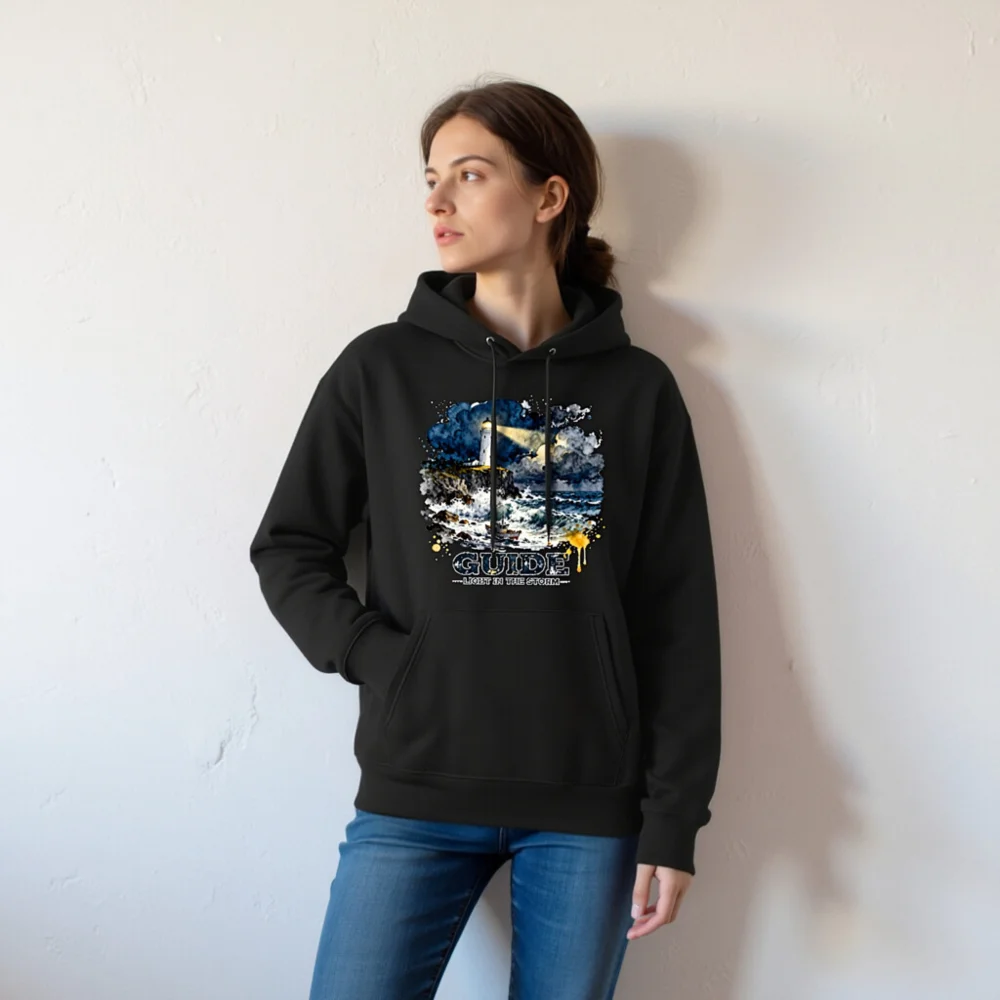 Unisex Eco Hoodie – Lighthouse 'Guide: Light in the Storm' Art Print - Image 6