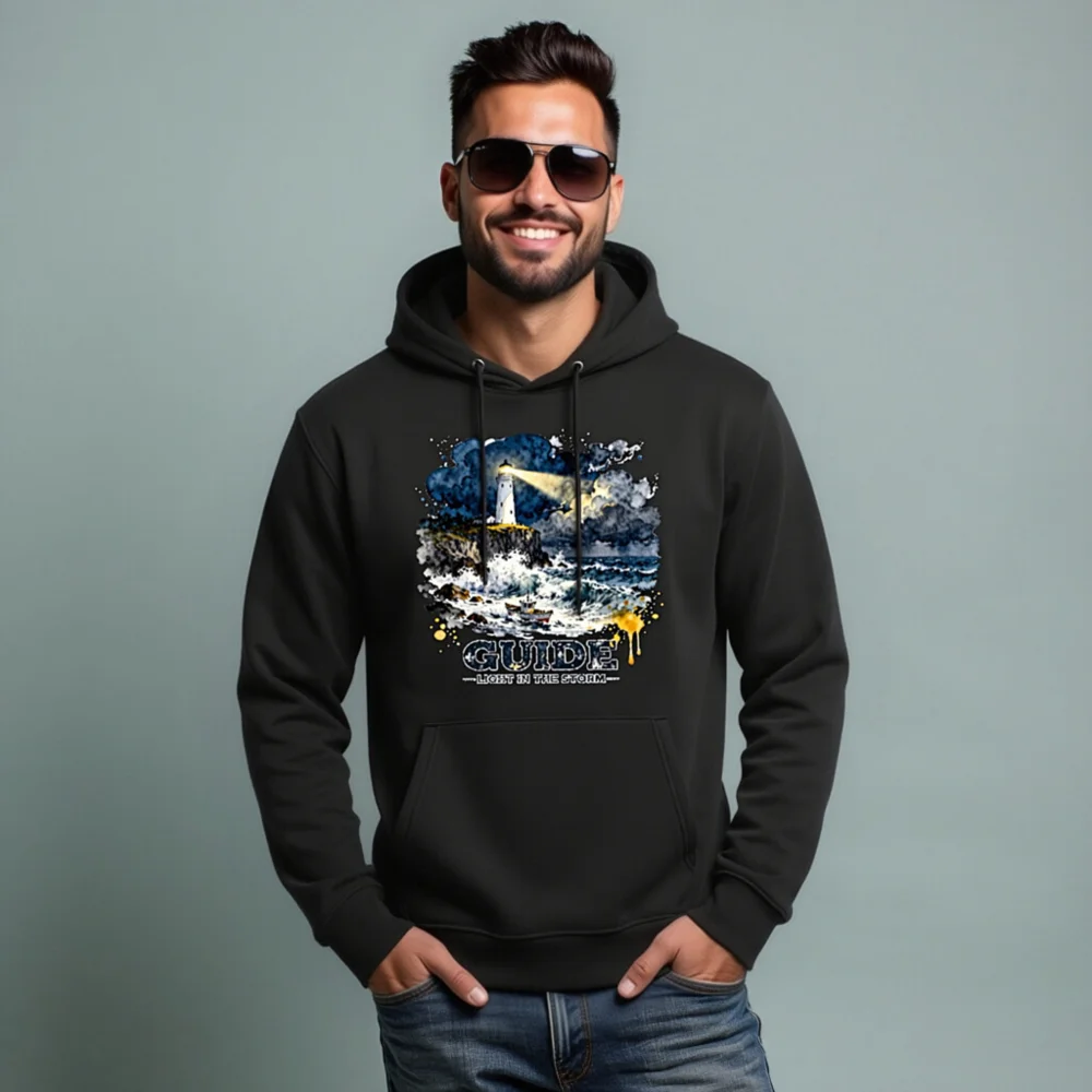 Unisex Eco Hoodie – Lighthouse 'Guide: Light in the Storm' Art Print - Image 7