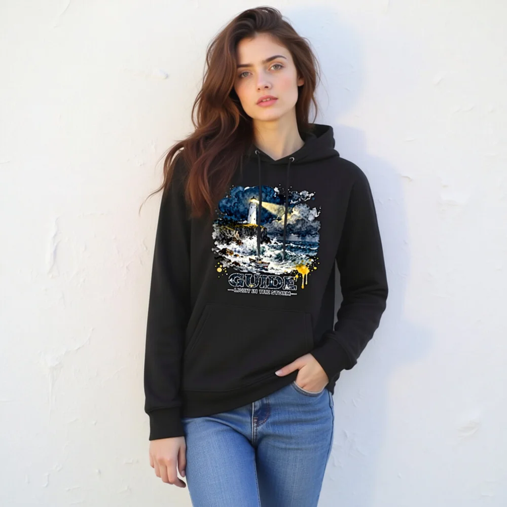 Unisex Eco Hoodie – Lighthouse 'Guide: Light in the Storm' Art Print - Image 11