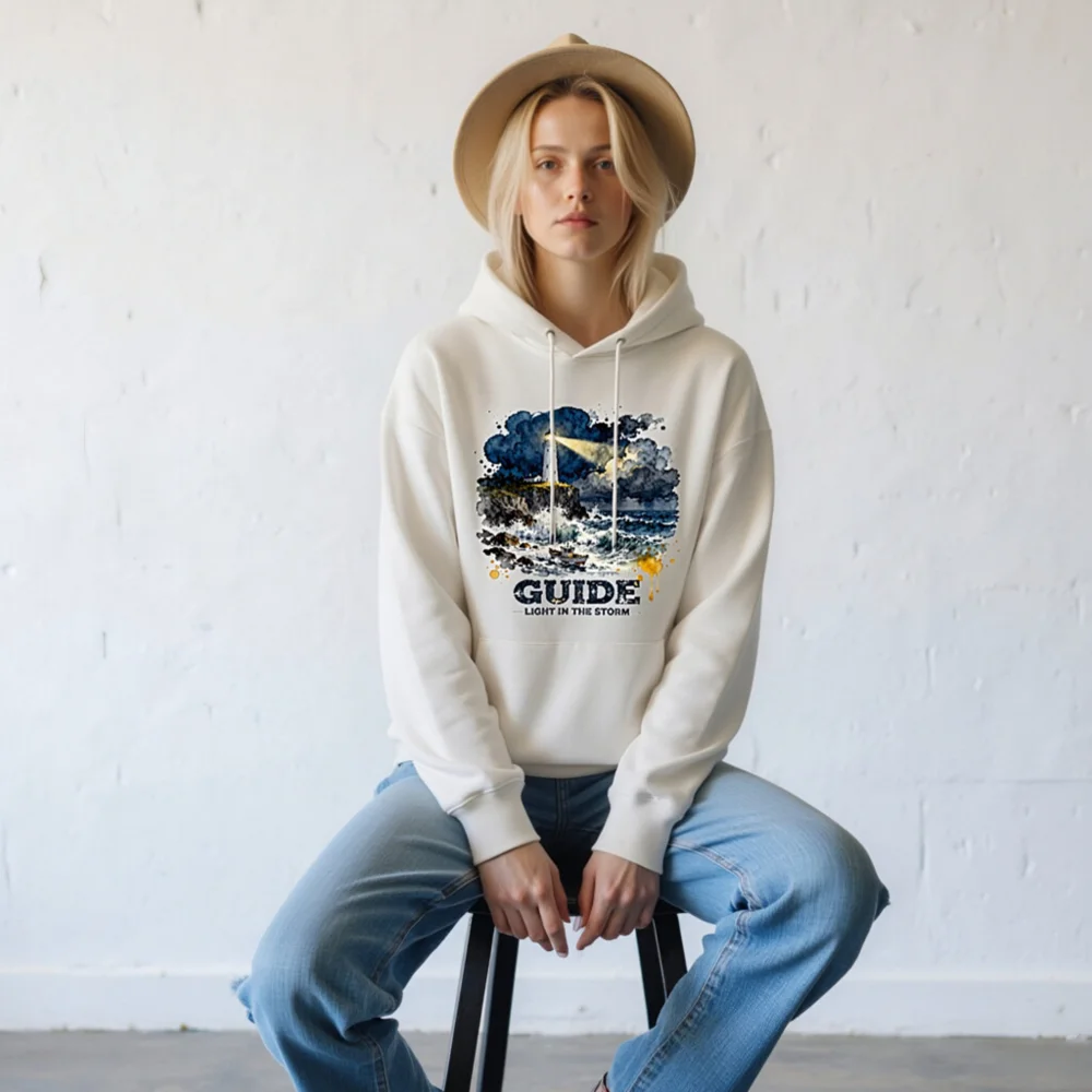 Unisex Eco Hoodie – Guide Light in the Storm Graphic Sweatshirt - Image 8