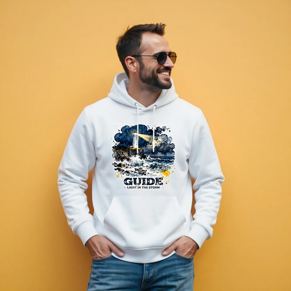Unisex Eco Hoodie – Guide Light in the Storm Graphic Sweatshirt - Image 11