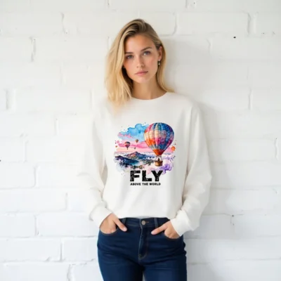 Fly Above the World Unisex Long Sleeve Tee - Watercolor Hot Air Balloon Graphic