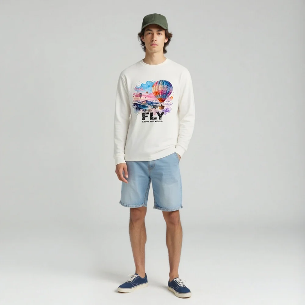 Fly Above the World Unisex Long Sleeve Tee - Watercolor Hot Air Balloon Graphic - Image 2
