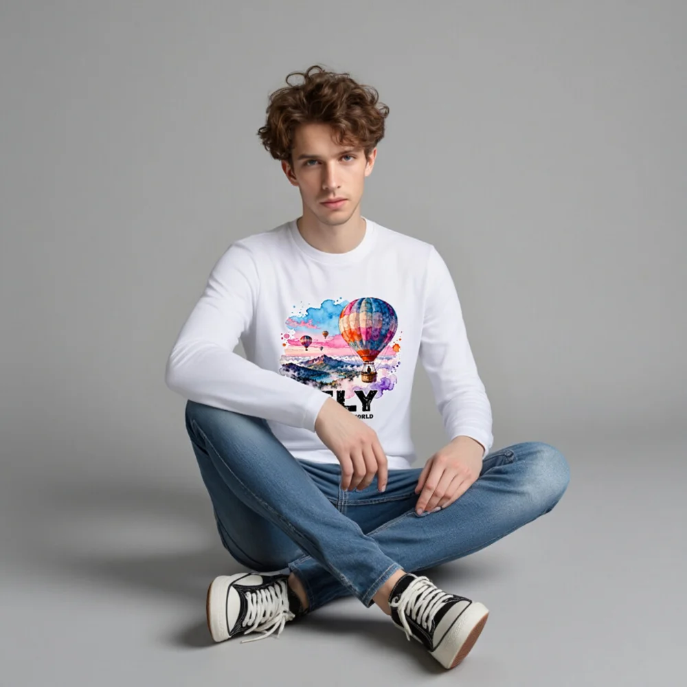 Fly Above the World Unisex Long Sleeve Tee - Watercolor Hot Air Balloon Graphic - Image 3
