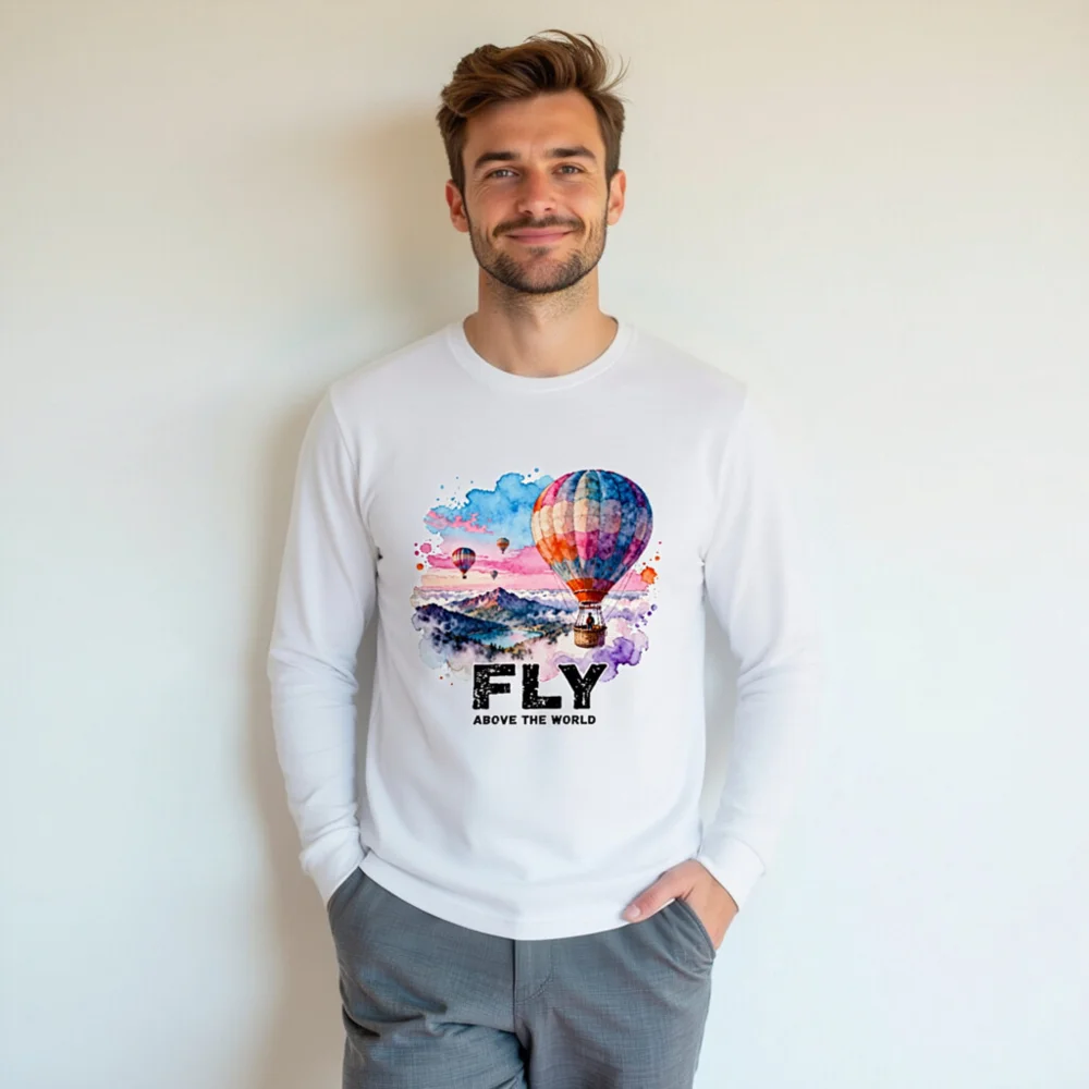 Fly Above the World Unisex Long Sleeve Tee - Watercolor Hot Air Balloon Graphic - Image 6