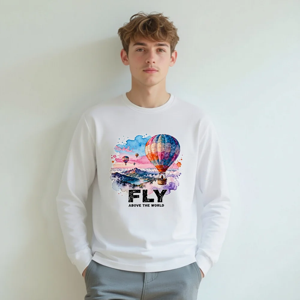 Fly Above the World Unisex Long Sleeve Tee - Watercolor Hot Air Balloon Graphic - Image 7