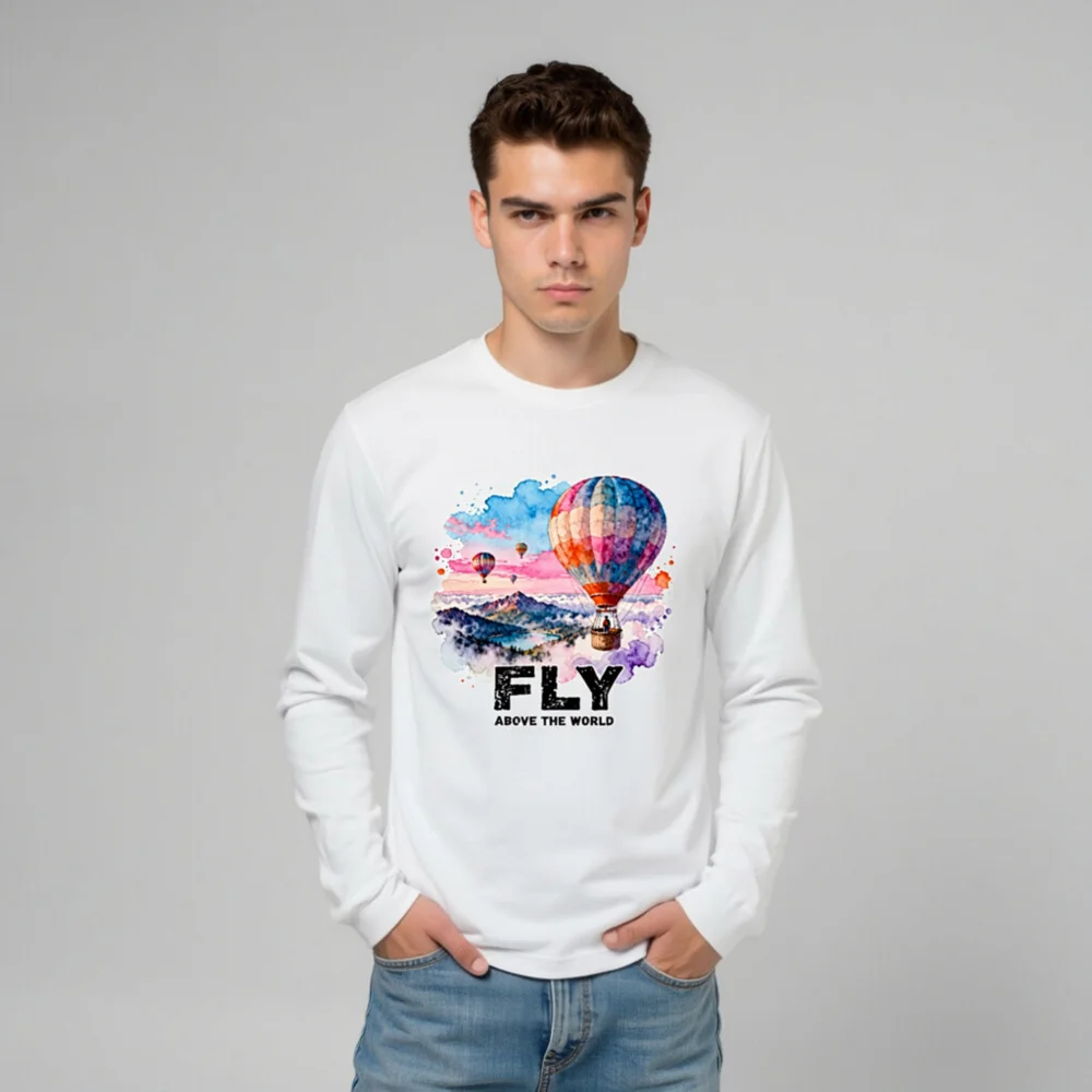 Fly Above the World Unisex Long Sleeve Tee - Watercolor Hot Air Balloon Graphic - Image 9