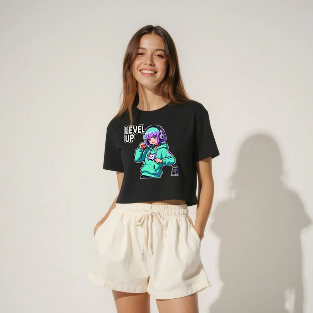 Pixel Art Level Up Crop Top for Women - Gaming Anime Tee - Image 4