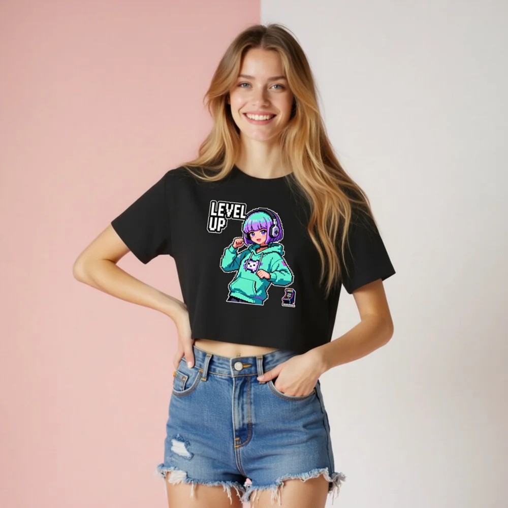 Pixel Art Level Up Crop Top for Women - Gaming Anime Tee - Image 8