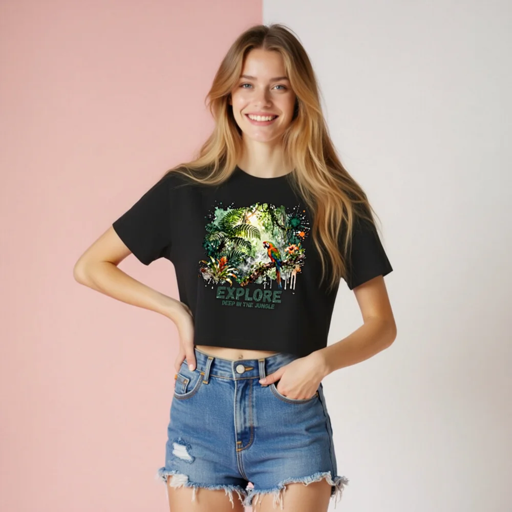 Women's Jungle Explorer Crop Top - Parrot & Tropical Print - Image 8
