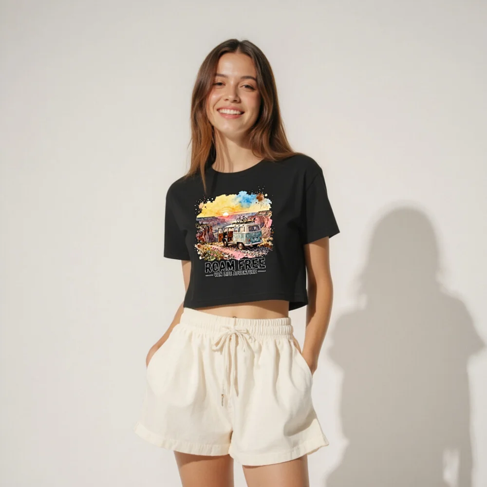 Roam Free Van Life Crop Top for Women – Adventure Graphic Tee - Image 4