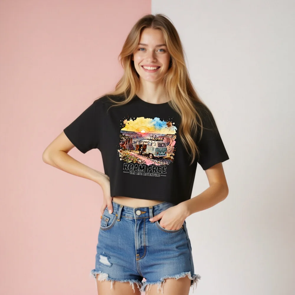 Roam Free Van Life Crop Top for Women – Adventure Graphic Tee - Image 8