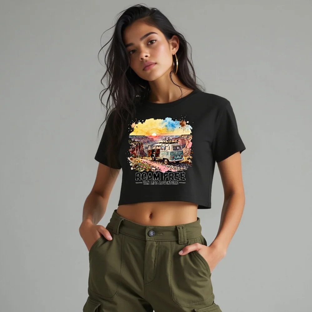 Roam Free Van Life Crop Top for Women – Adventure Graphic Tee - Image 10