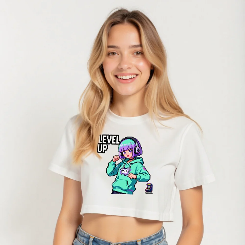Level Up Pixel Gamer Crop Top for Women - Retro Gaming Tee - Image 5