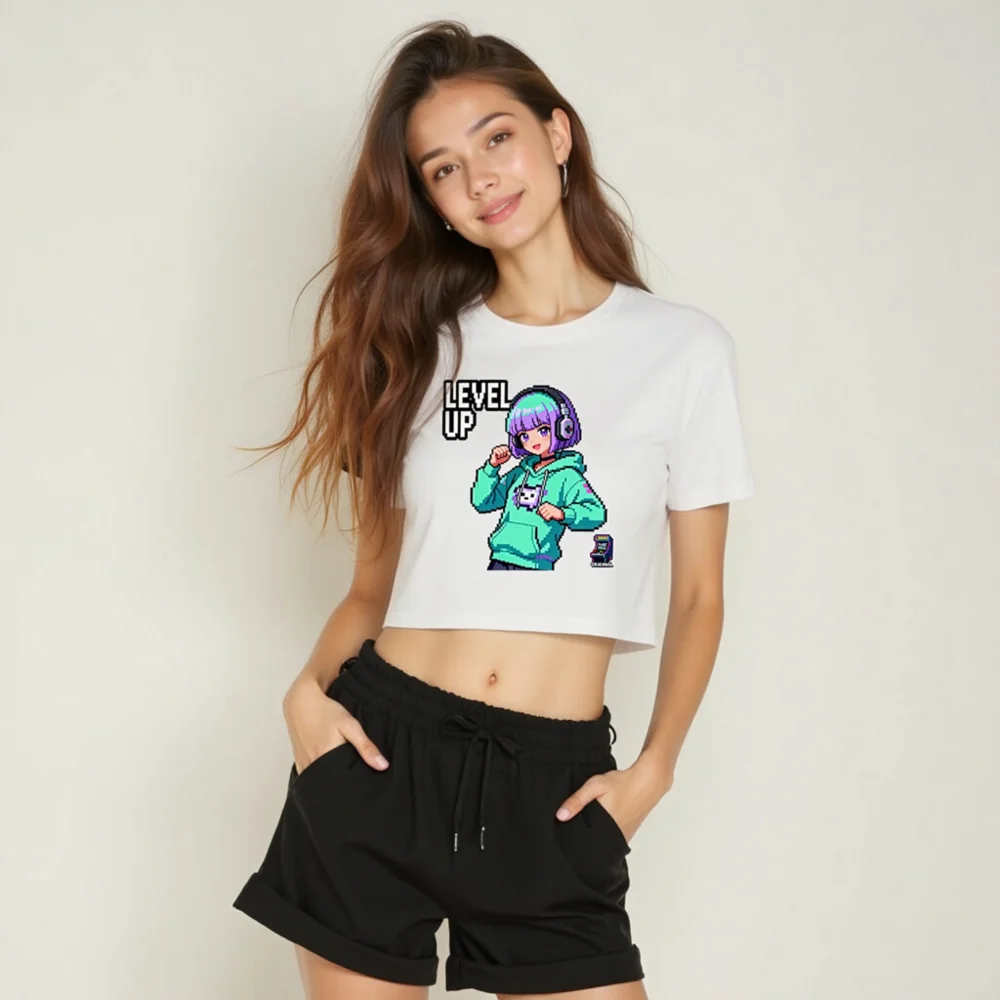 Level Up Pixel Gamer Crop Top for Women - Retro Gaming Tee - Image 6