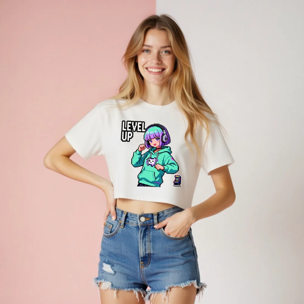 Level Up Pixel Gamer Crop Top for Women - Retro Gaming Tee - Image 8