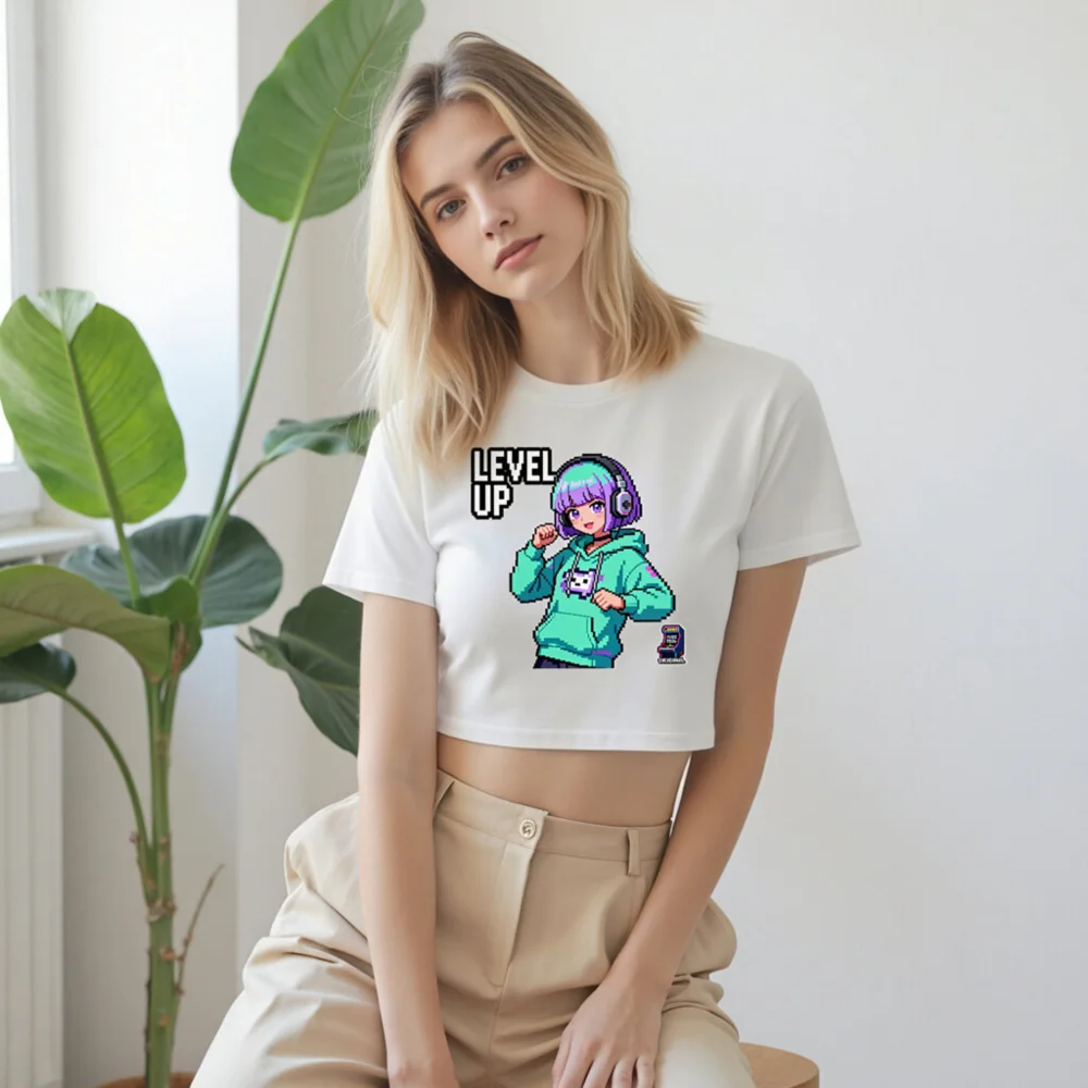 Level Up Pixel Gamer Crop Top for Women - Retro Gaming Tee - Image 9