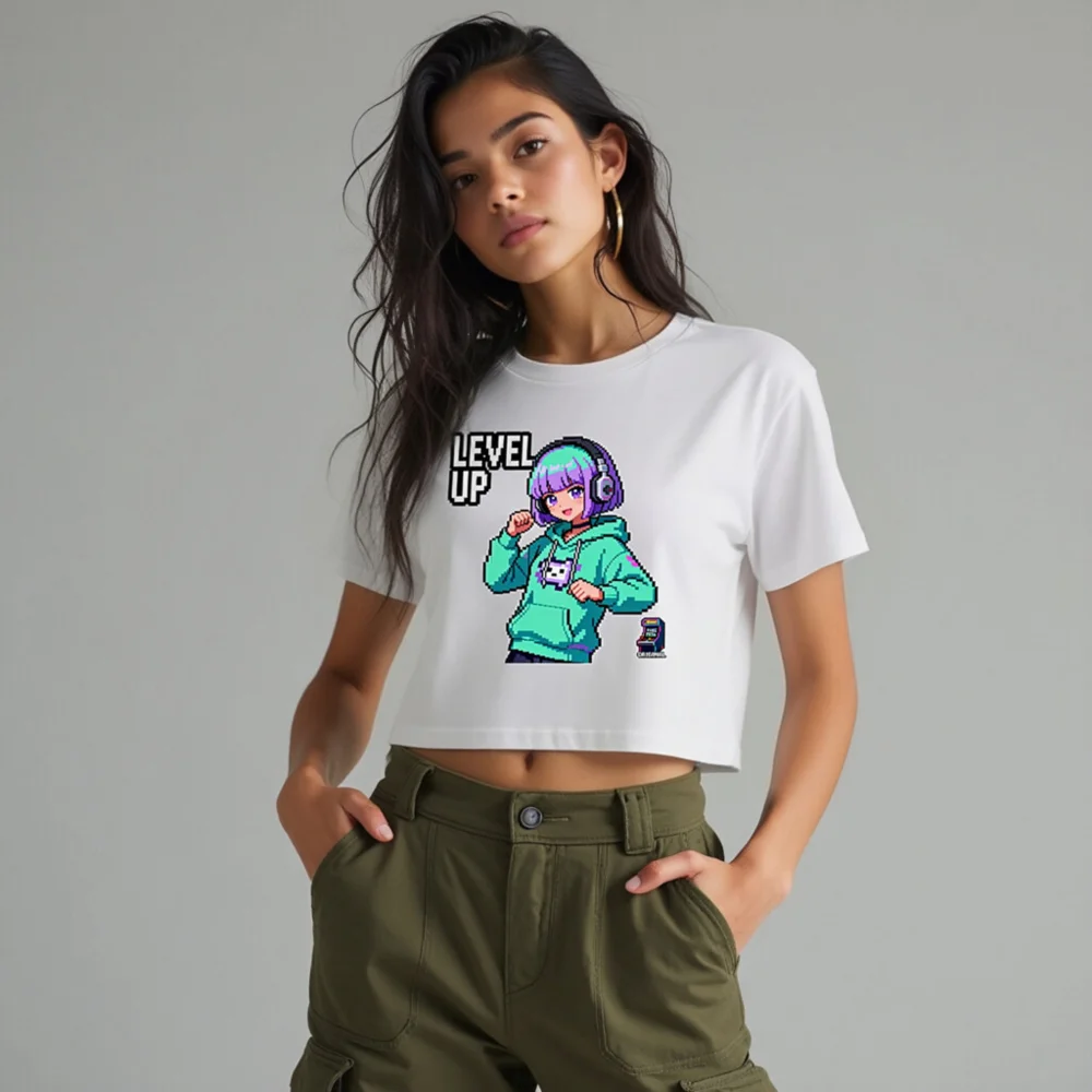 Level Up Pixel Gamer Crop Top for Women - Retro Gaming Tee - Image 10