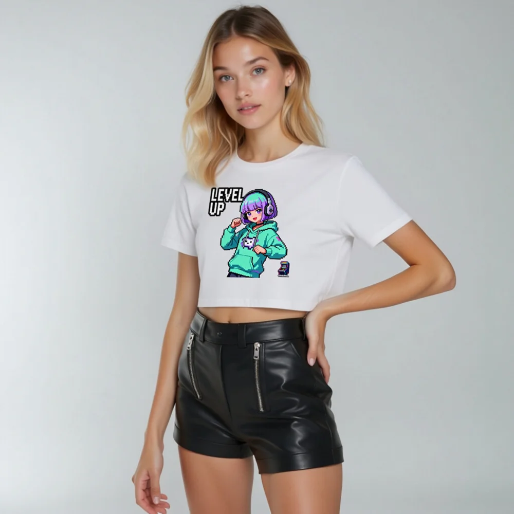 Level Up Pixel Gamer Crop Top for Women - Retro Gaming Tee - Image 11