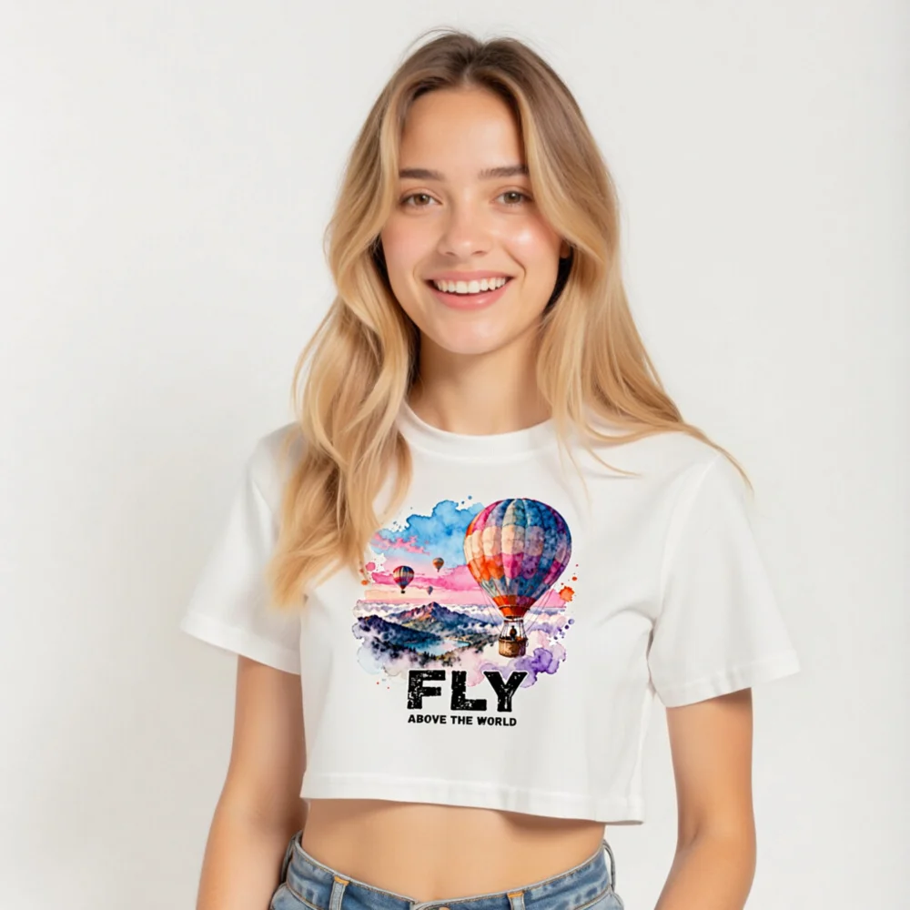 Women's Crop Top with Hot Air Balloon Print - 'Fly Above the World' - Image 4