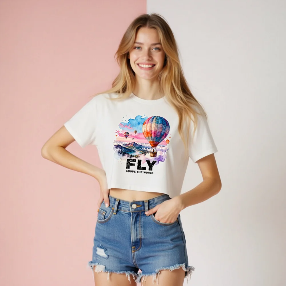 Women's Crop Top with Hot Air Balloon Print - 'Fly Above the World' - Image 7