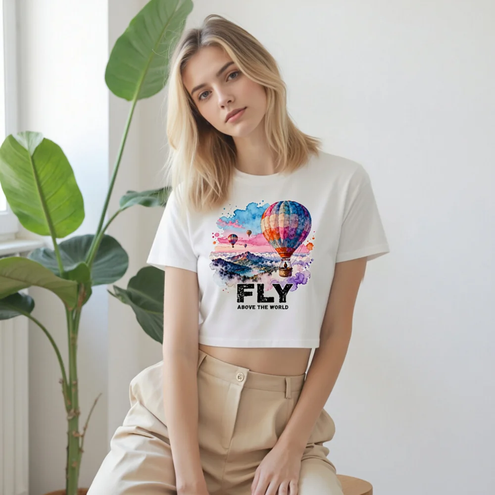 Women's Crop Top with Hot Air Balloon Print - 'Fly Above the World' - Image 8