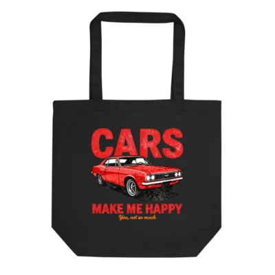Eco Black Tote Bag – Cars Make Me Happy Vintage Car Print Reusable Shopping Bag