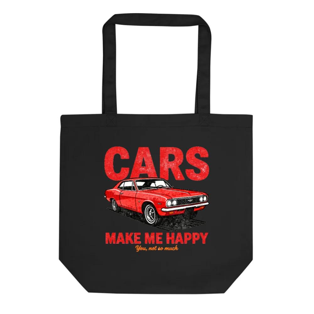 Eco Black Tote Bag – Cars Make Me Happy Vintage Car Print Reusable Shopping Bag