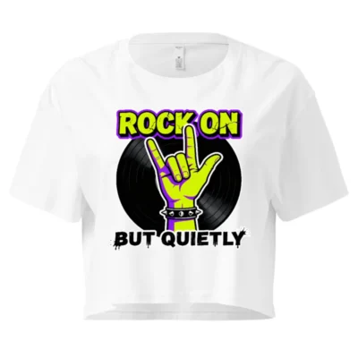 Rock On But Quietly Crop Top for Women – Graphic Tee with Vinyl Record & Hand Sign