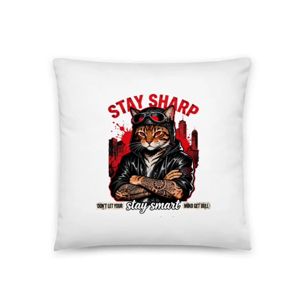 Stay Sharp Cat Pillow – 18x18 Inch Decorative Throw Pillow
