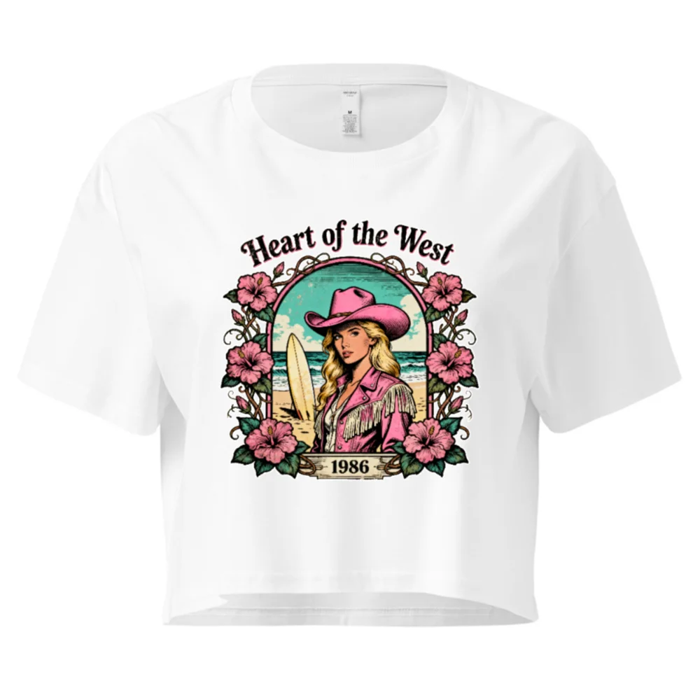 Heart of the West Crop Top for Women – 1986 Vintage Surf & Cowboy Graphic Tee