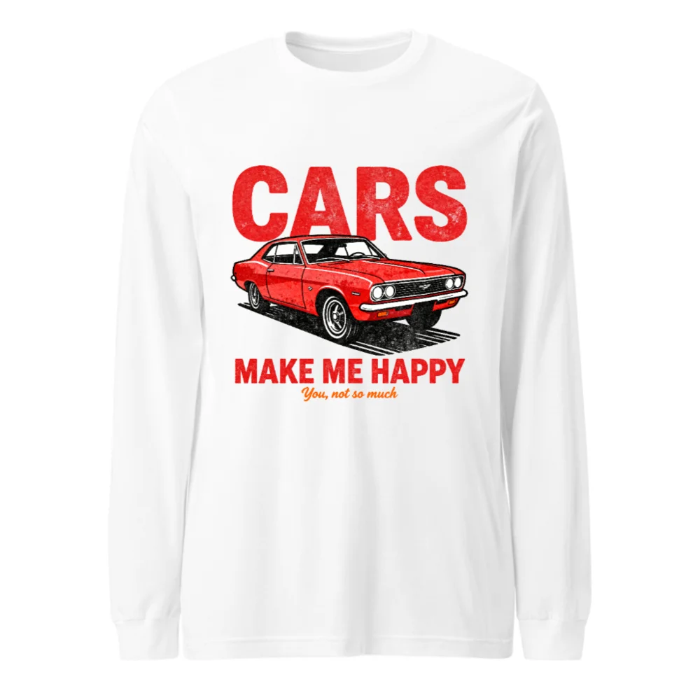 Cars Make Me Happy Long Sleeve Tee – Unisex Vintage Car Graphic Shirt