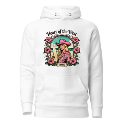 Heart of the West Hoodie – Unisex Premium Pullover with Vintage 1986 Surf & Cowboy Art