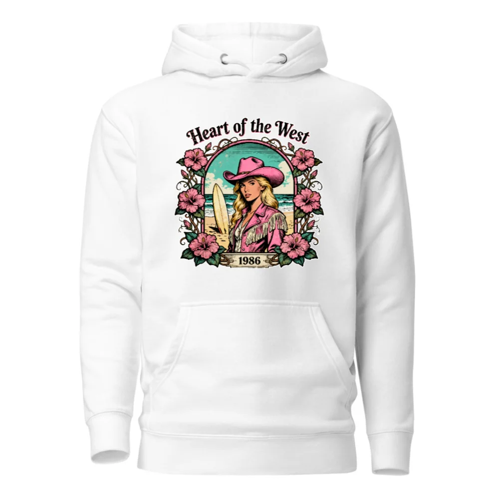 Heart of the West Hoodie – Unisex Premium Pullover with Vintage 1986 Surf & Cowboy Art