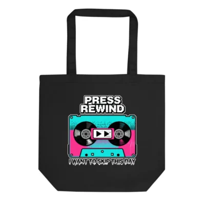 Eco Black Tote Bag – Press Rewind Cassette Design Reusable Shopping Bag