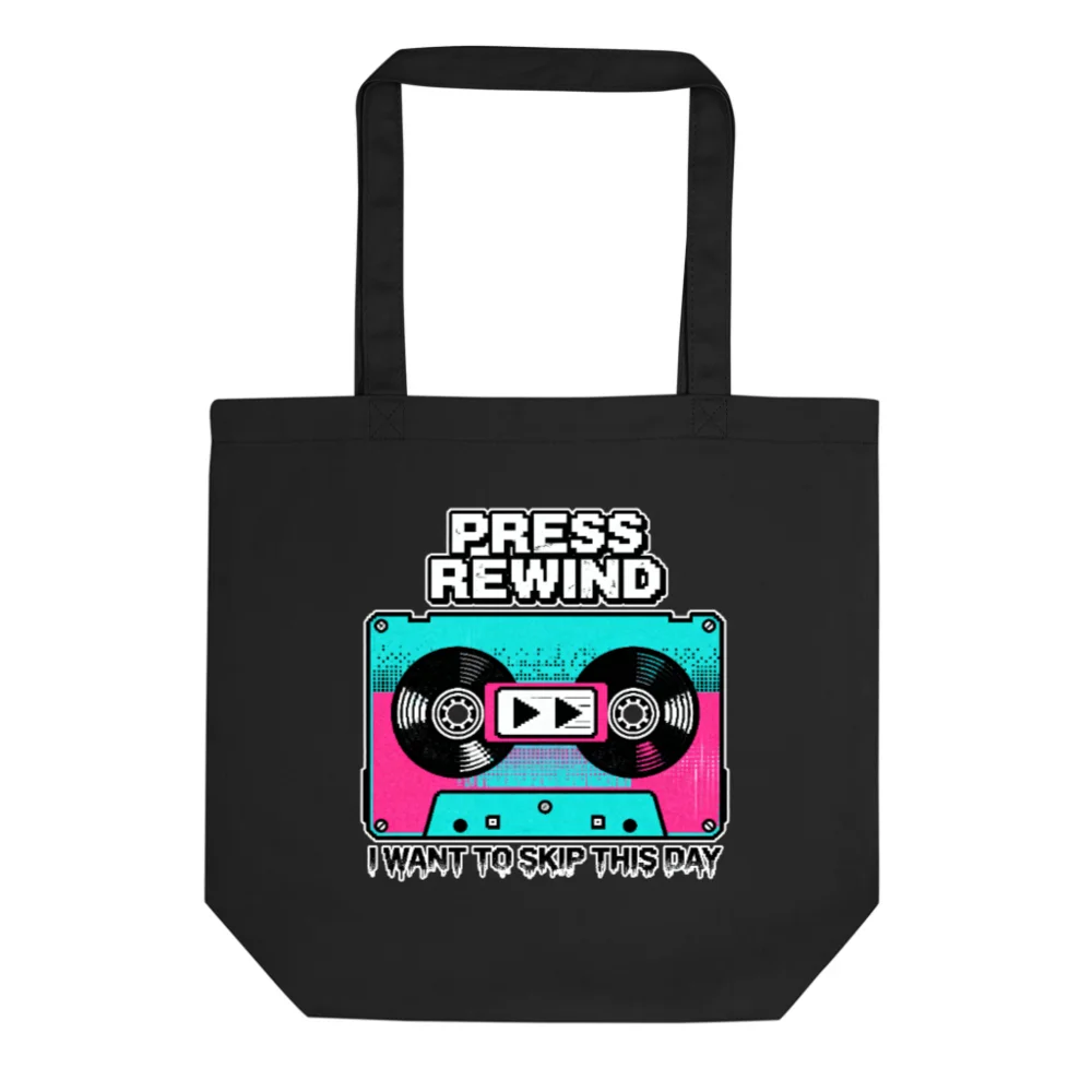 Eco Black Tote Bag – Press Rewind Cassette Design Reusable Shopping Bag