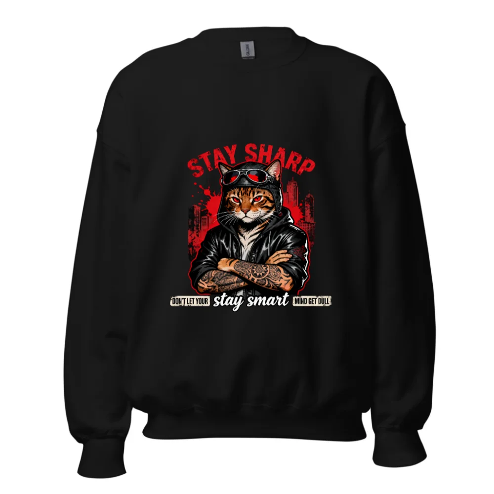 Stay Sharp Cat Graphic Sweatshirt - Unisex Crew Neck Hoodie