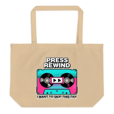 Press Rewind Cassette Tote Bag – Large Organic Cotton Reusable Shopping Bag