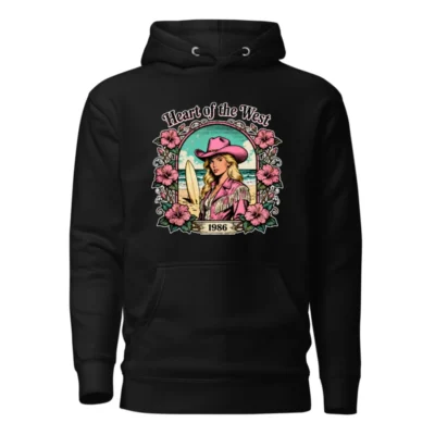 Heart of the West 1986 Unisex Premium Hoodie - Retro Surf Cowgirl Design