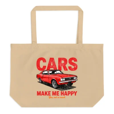 Large Organic Cotton Tote Bag – Cars Make Me Happy Vintage Car Design